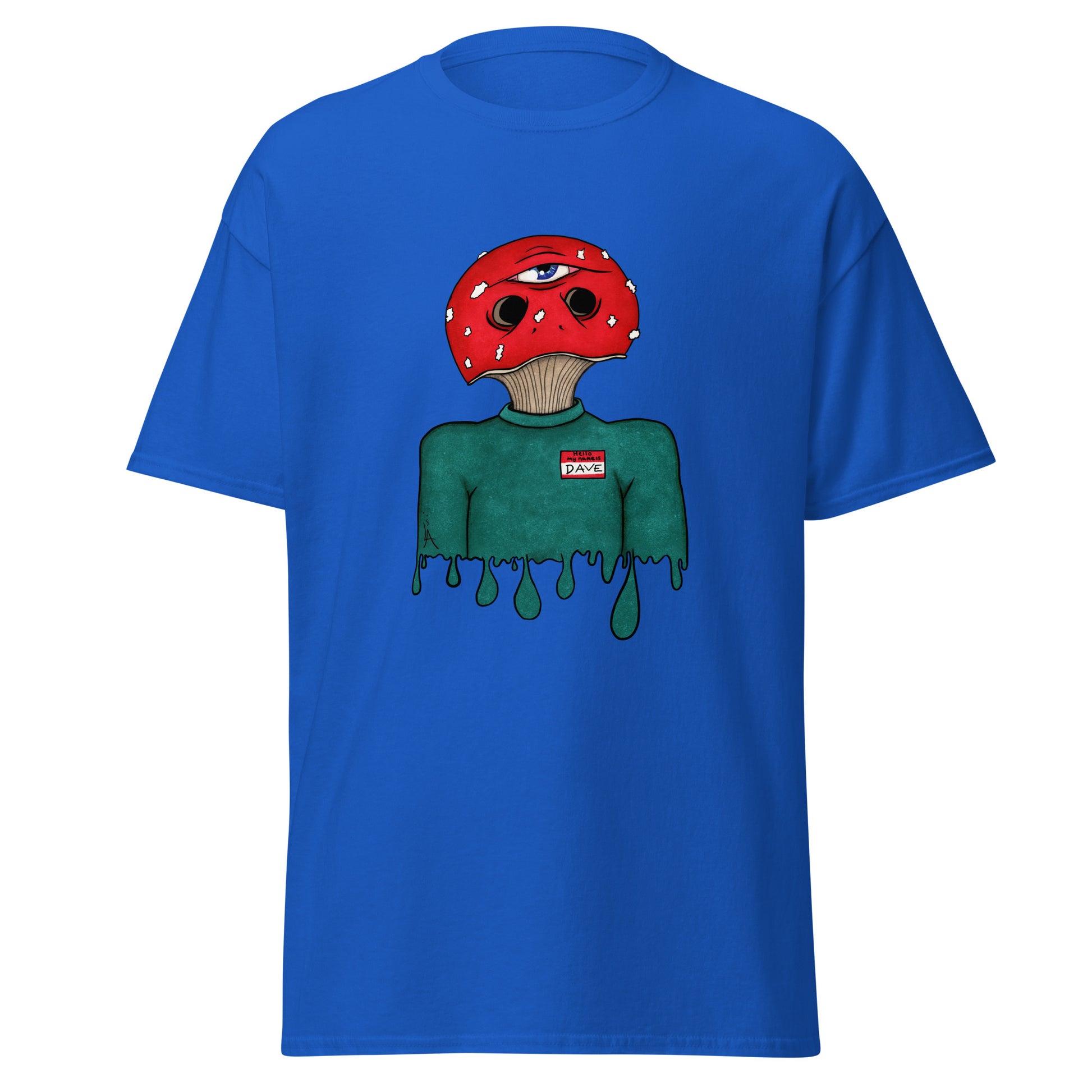 trippy toadstool mushroom man named Dave printed on a royal blue crew neck t-shirt