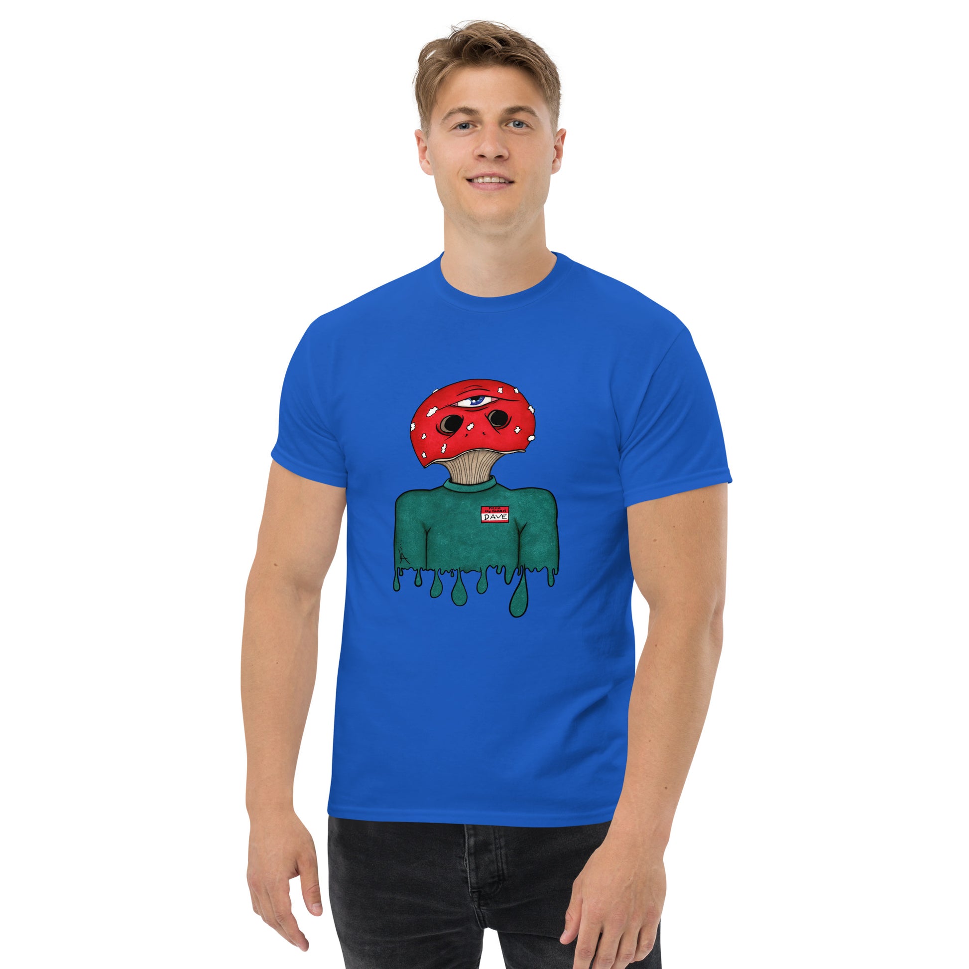 male wears trippy toadstool mushroom man named Dave printed on a royal blue crew neck t-shirt