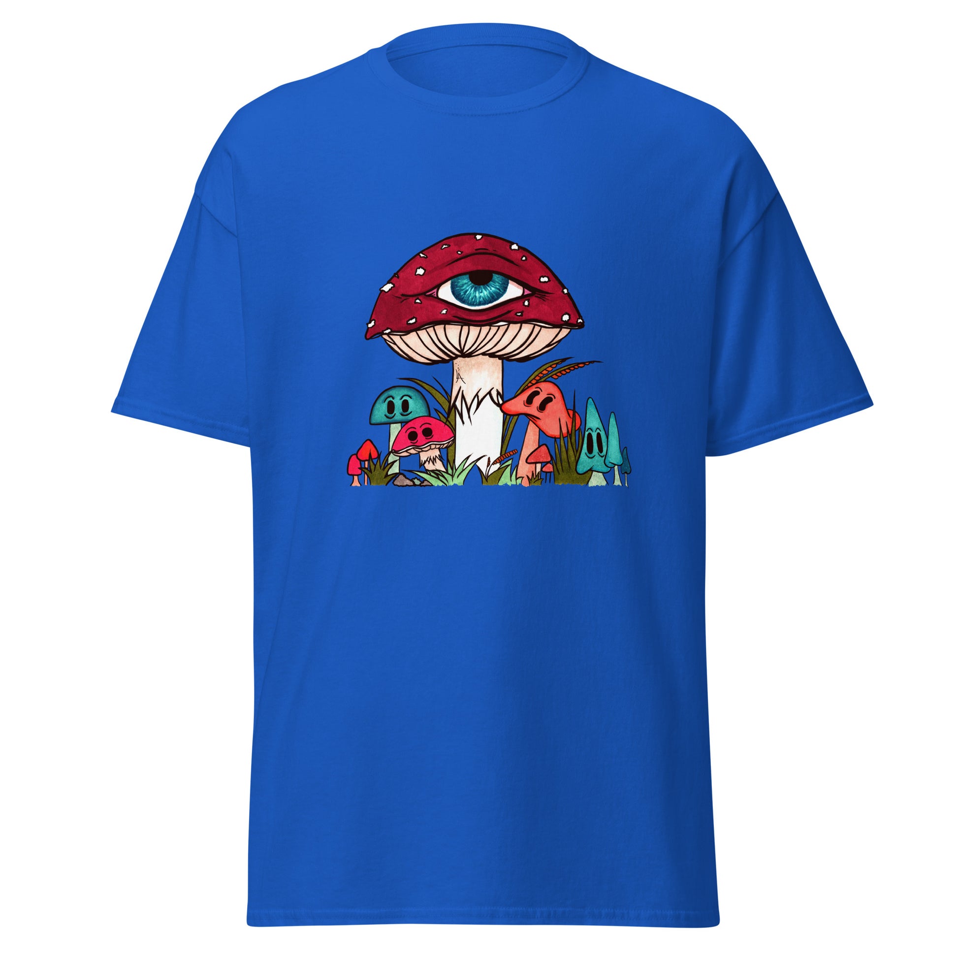 royal blue tshirt red and white toadstool mushroom with all seeing eye smaller surrounding blue orange and red mushrooms