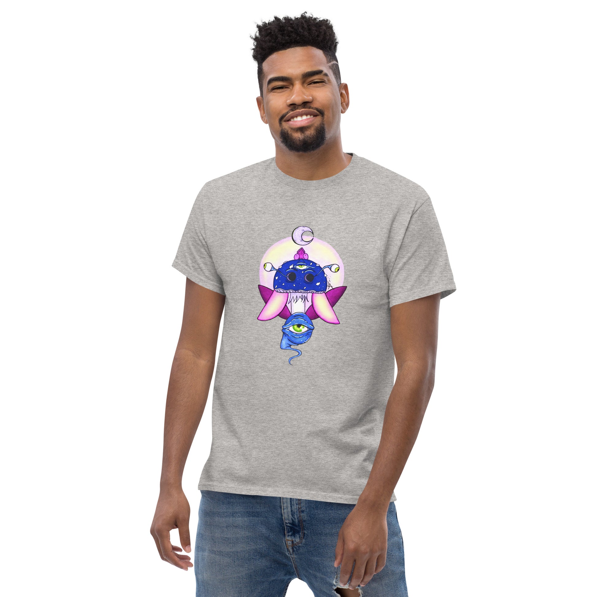 male wears sport grey tshirt psychedelic toadstool mushroom with eyes full moon crescent moon flying insect in winter blue and purple