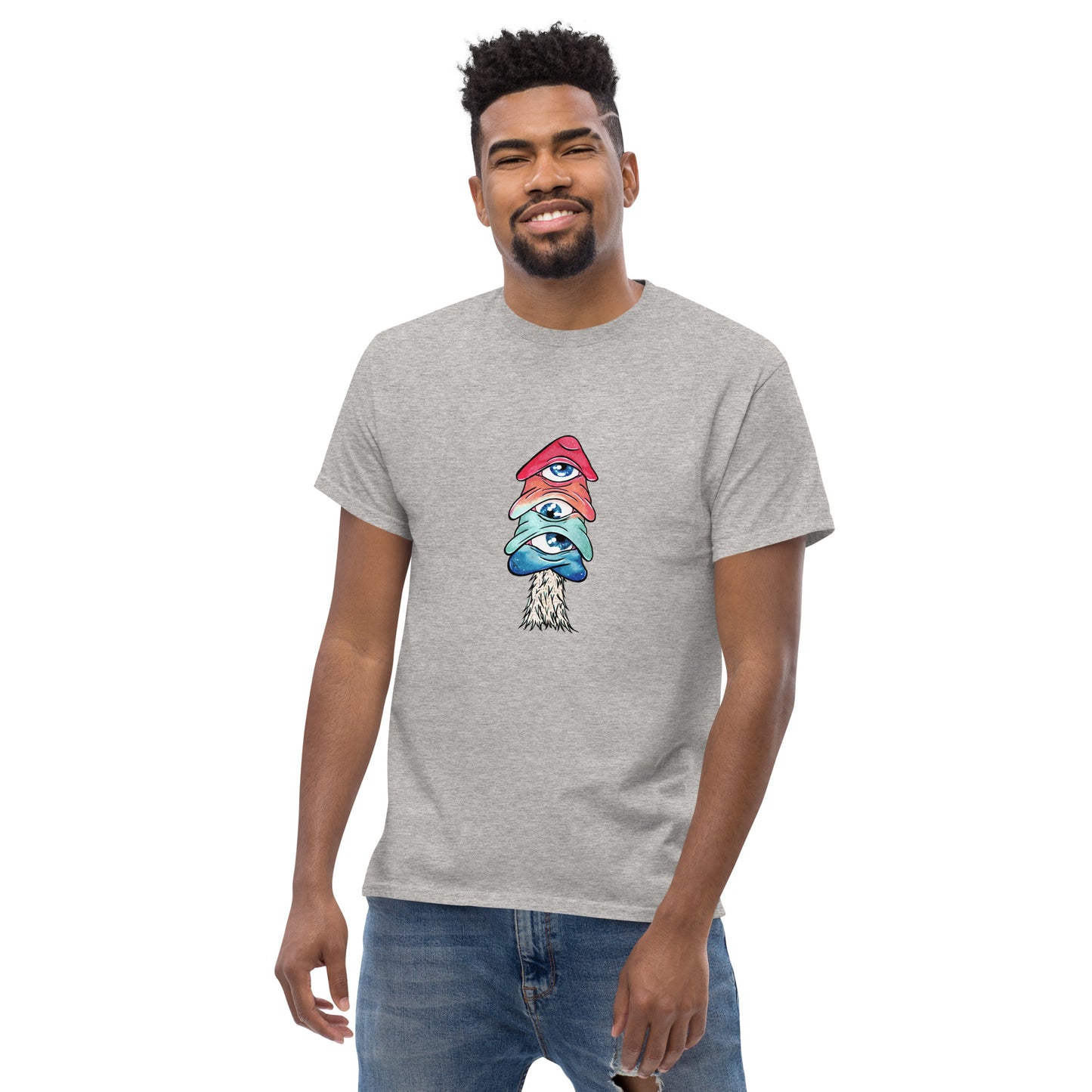 male wears sport grey crew neck tshirt mushroom with 3 eyes in pink green and blue