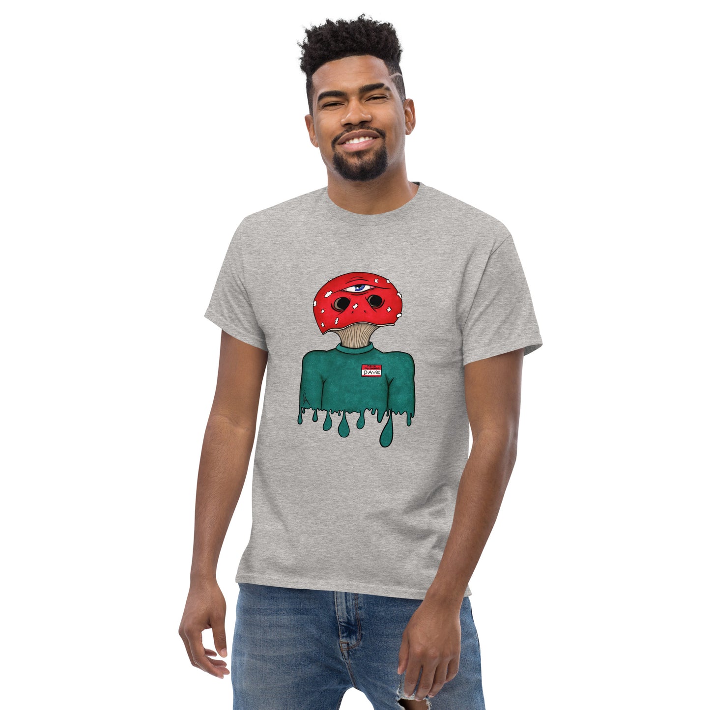 male wears trippy toadstool mushroom man named Dave printed on a Sport grey crew neck t-shirt