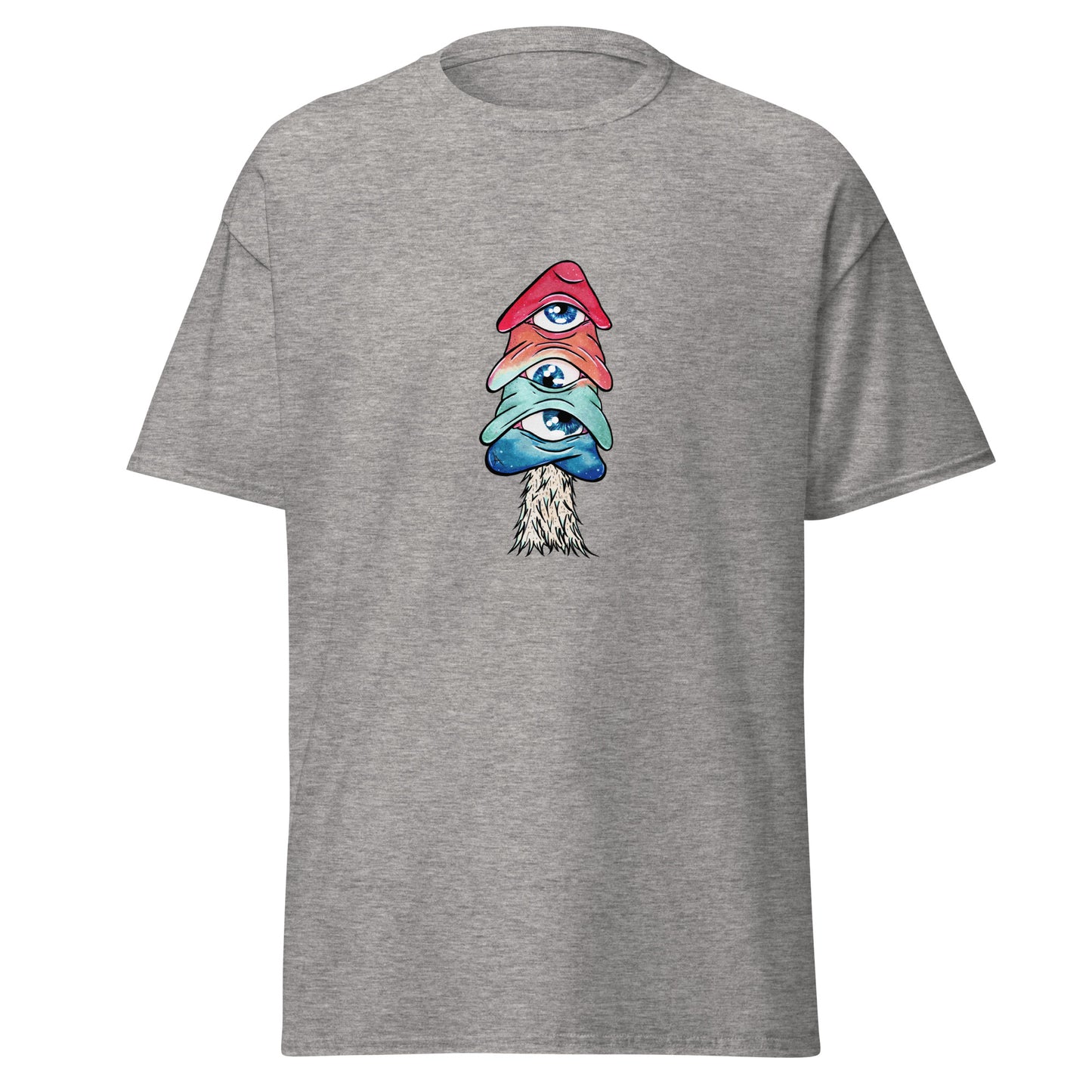 sport grey crew neck tshirt mushroom with 3 eyes in pink green and blue