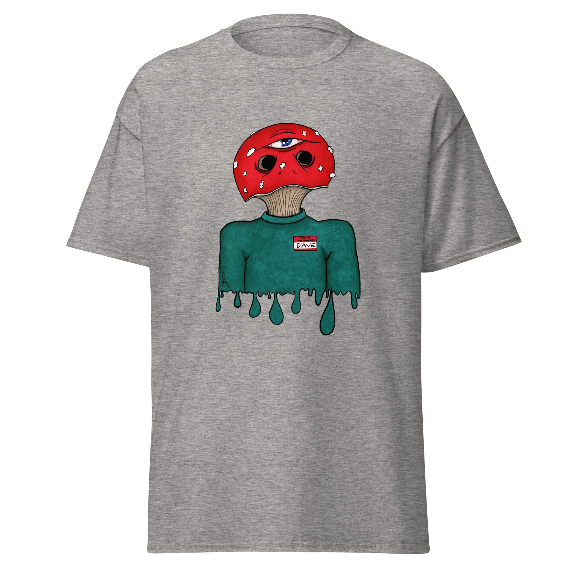 trippy toadstool mushroom man named Dave printed on a Sport grey crew neck t-shirt