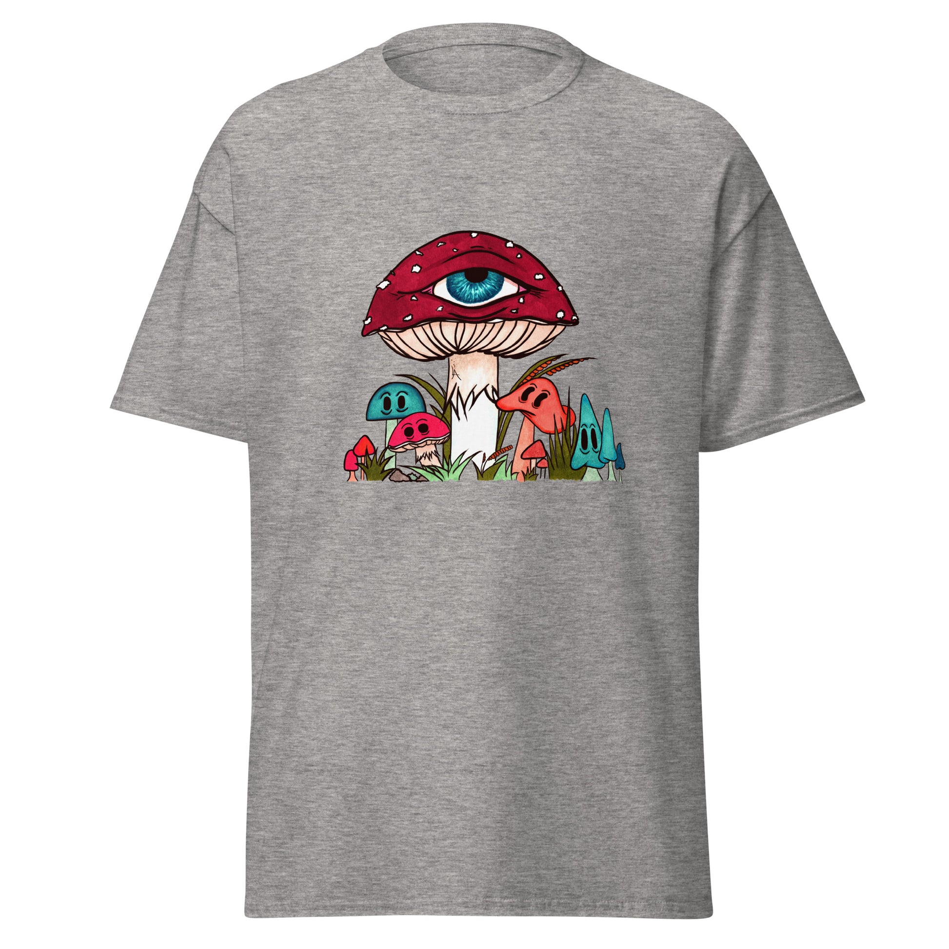 sport grey tshirt red and white toadstool mushroom with all seeing eye smaller surrounding blue orange and red mushrooms