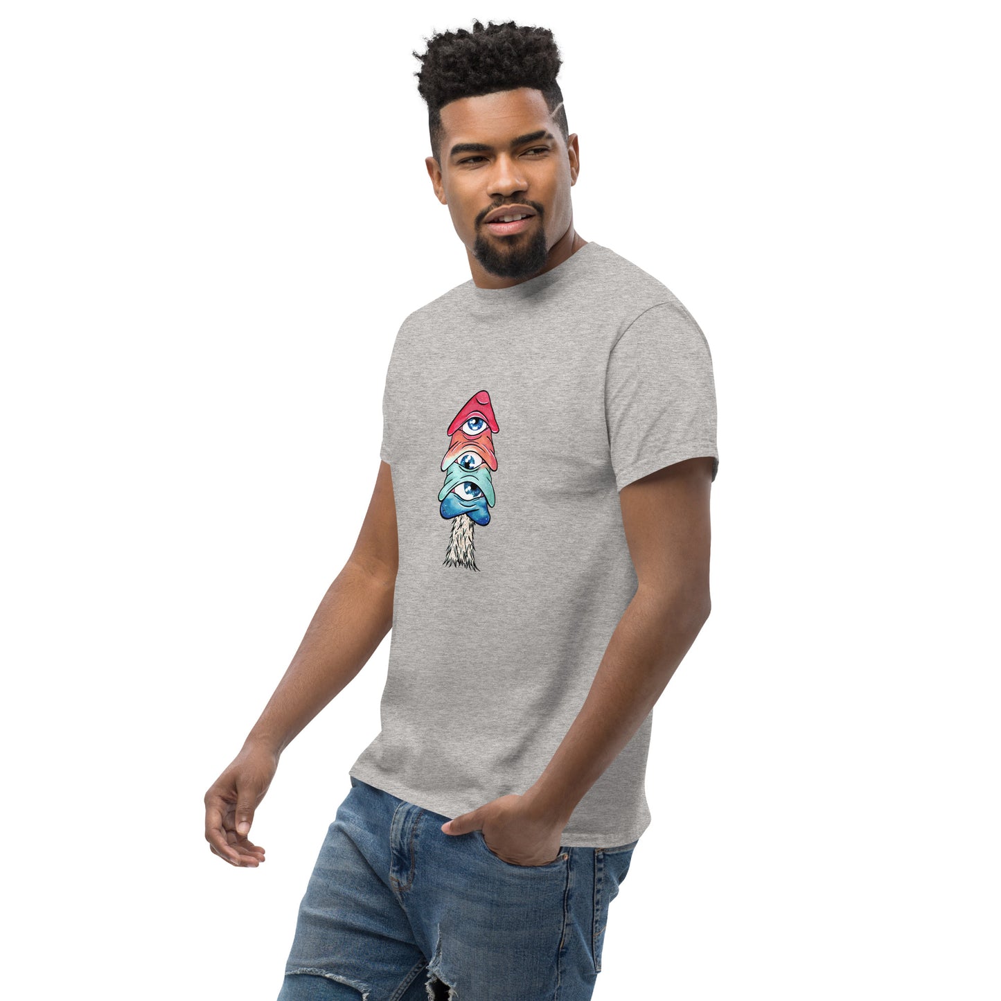 male wears sport grey crew neck tshirt mushroom with 3 eyes in pink green and blue side view 