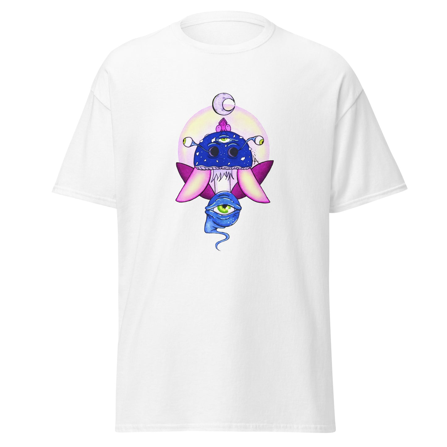 white tshirt psychedelic toadstool mushroom with eyes full moon crescent moon flying insect in winter blue and purple