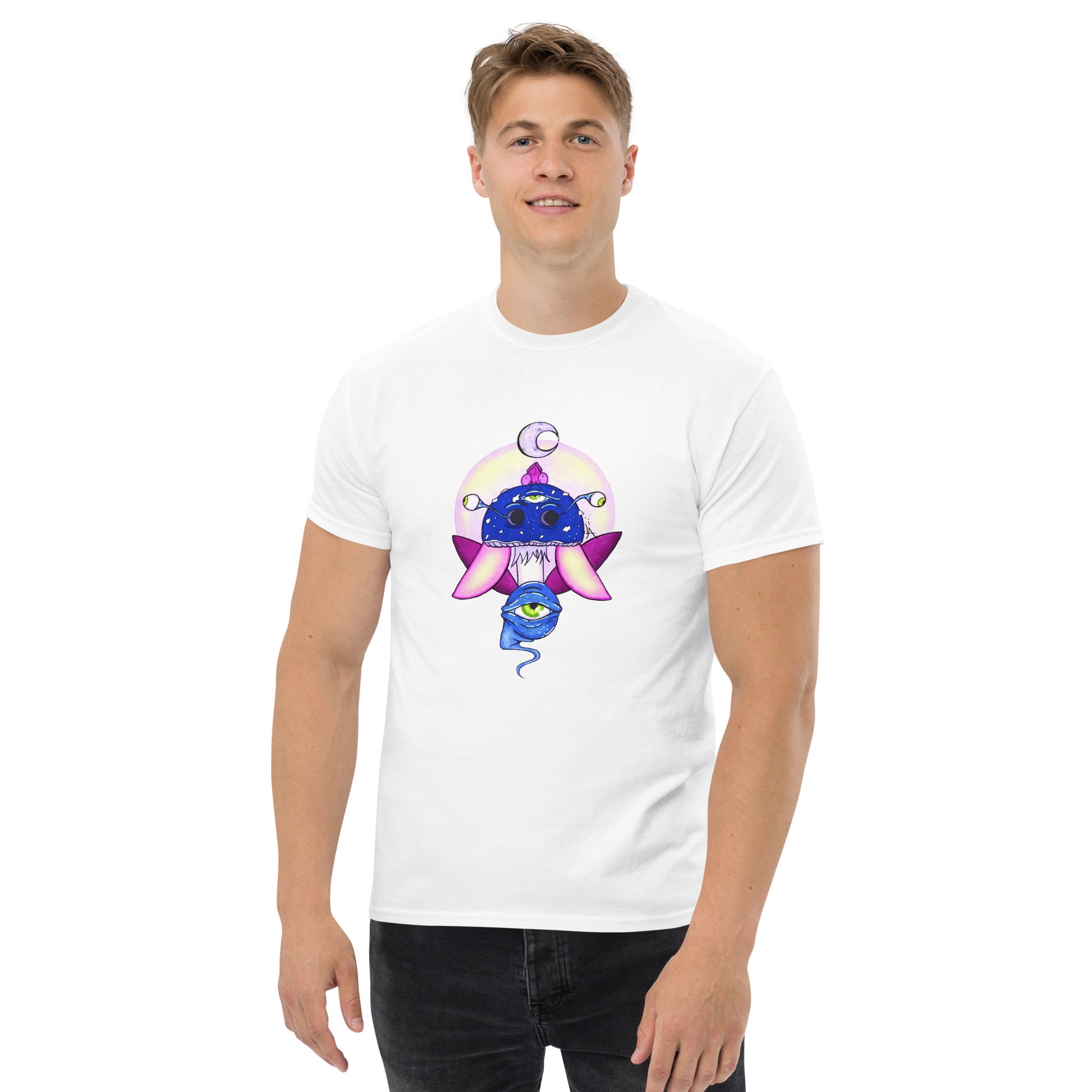 male wears white tshirt psychedelic toadstool mushroom with eyes full moon crescent moon flying insect in winter blue and purple