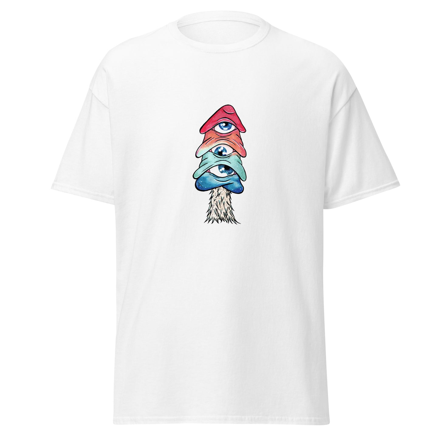 white crew neck tshirt mushroom with 3 eyes in pink green and blue