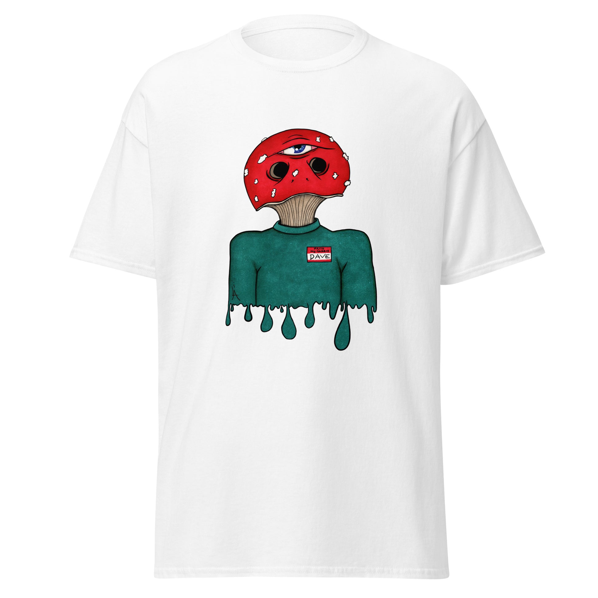 trippy toadstool mushroom man named Dave printed on a white crew neck t-shirt