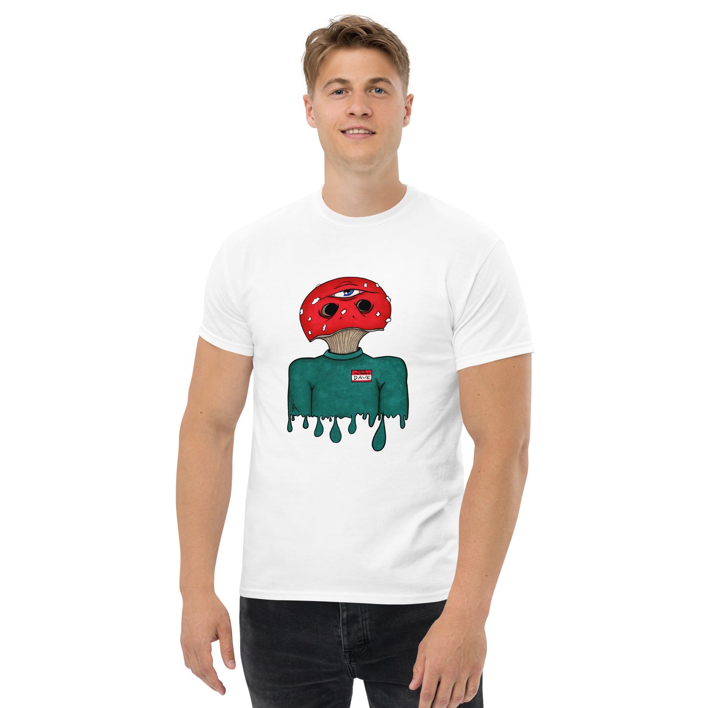 male wears trippy toadstool mushroom man named Dave printed on a white crew neck t-shirt