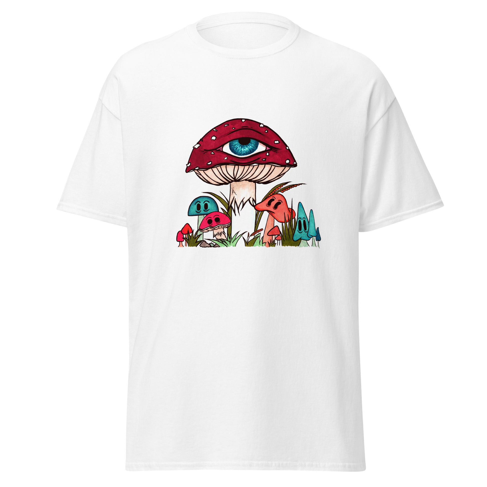 white tshirt red and white toadstool mushroom with all seeing eye smaller surrounding blue orange and red mushrooms