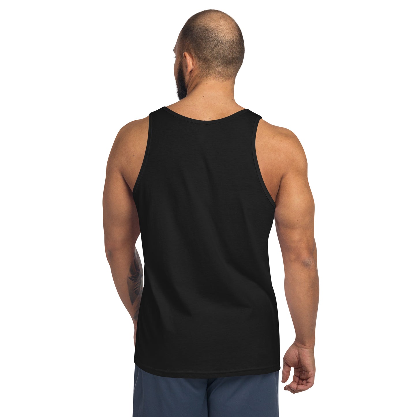 male wears black tank top back view