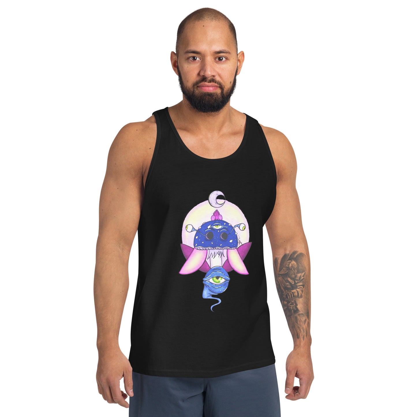 male wears black vest psychedelic toadstool mushroom with eyes full moon crescent moon flying insect in winter blue and purple