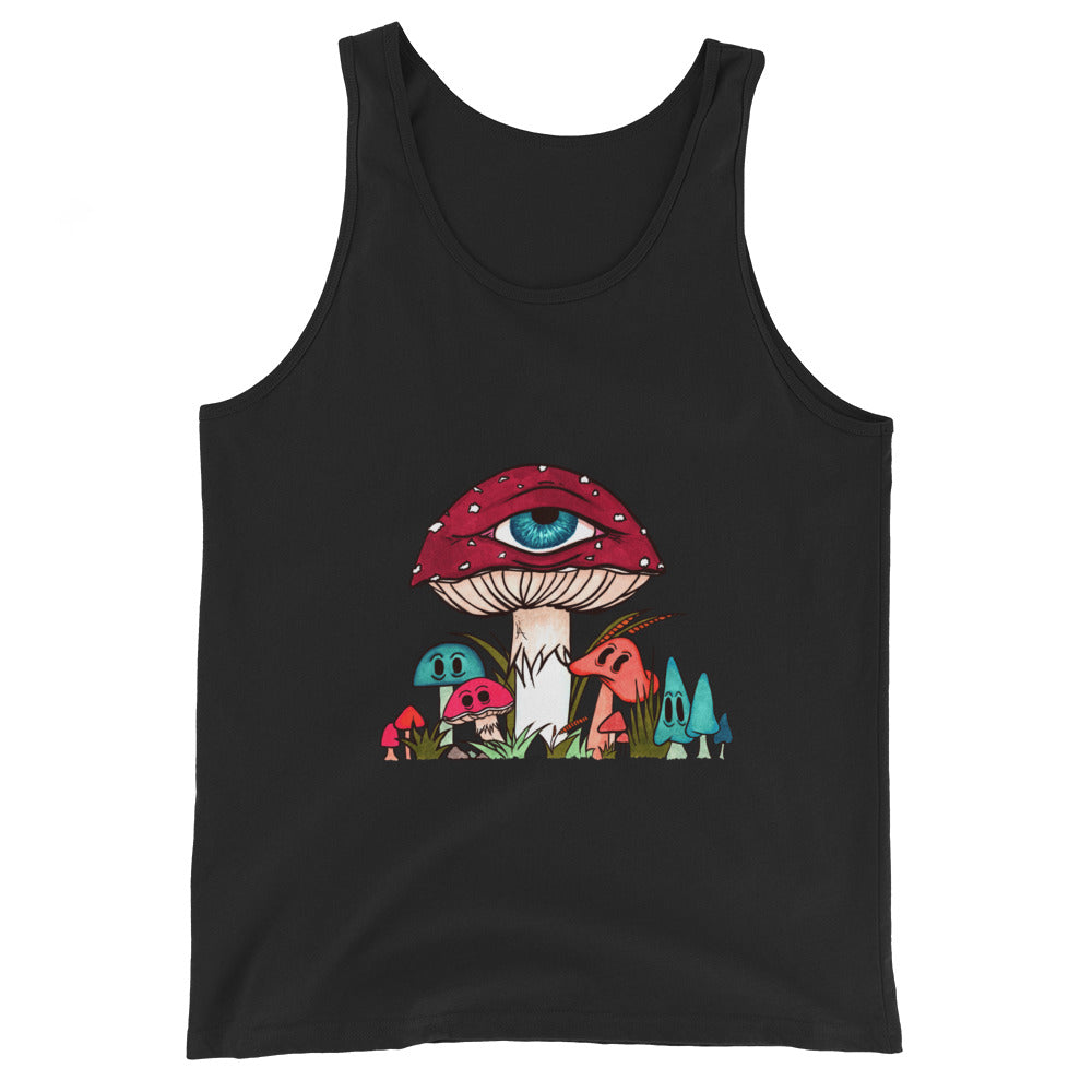 black tank top red and white toadstool mushroom with all seeing eye smaller surrounding blue orange and red mushrooms