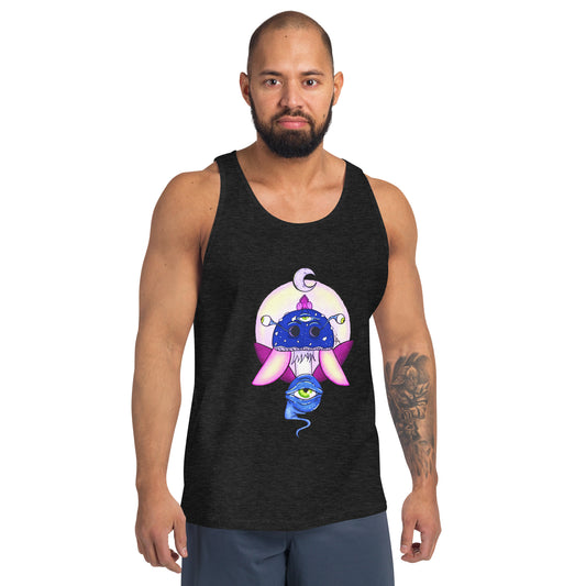 male model wears charcoal black vest psychedelic toadstool mushroom with eyes full moon crescent moon flying insect in winter blue and purple