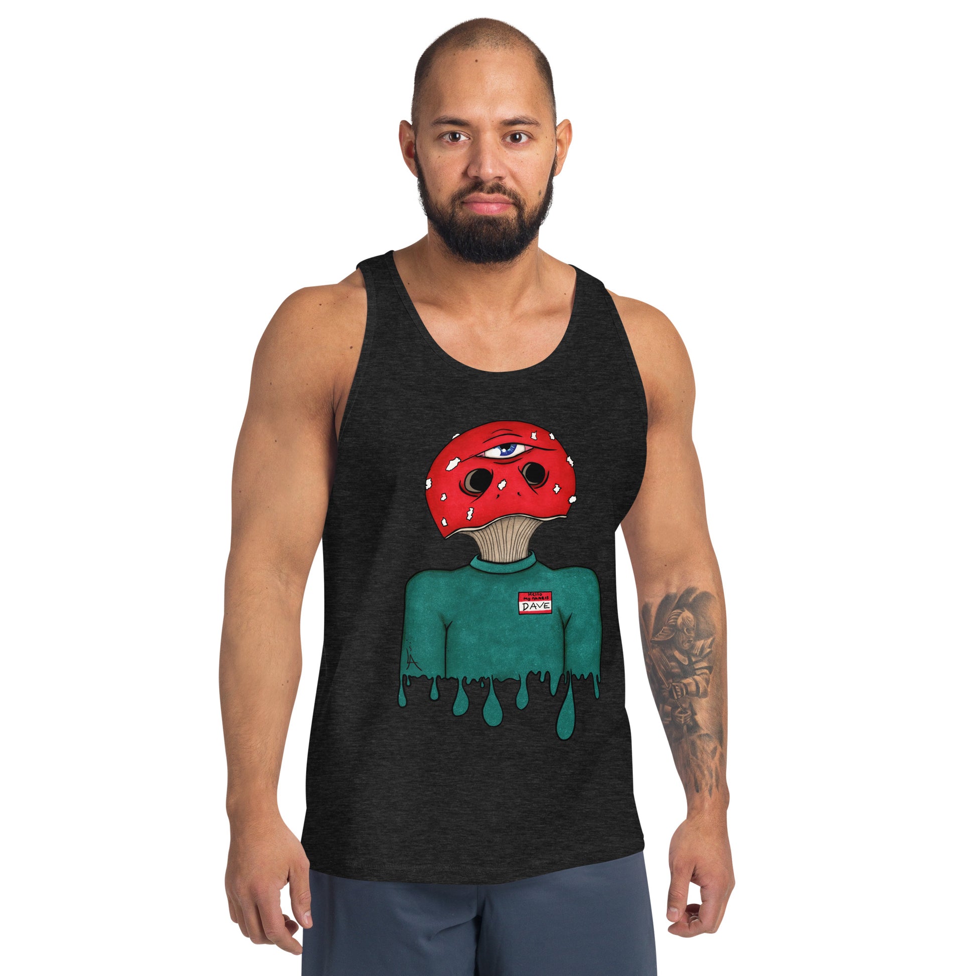 male wears trippy toadstool mushroom man named Dave printed on a charcoal black tank top