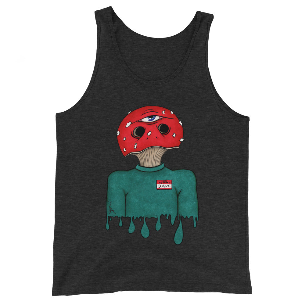 trippy toadstool mushroom man named Dave printed on a charcoal black tank top