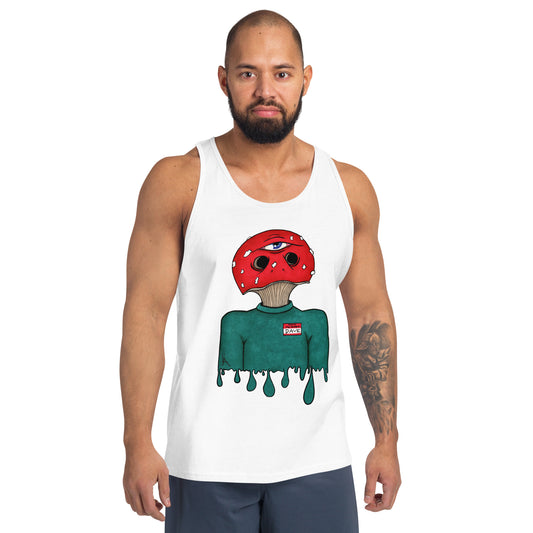 Male model wears trippy toadstool mushroom man named Dave printed on a white tank top