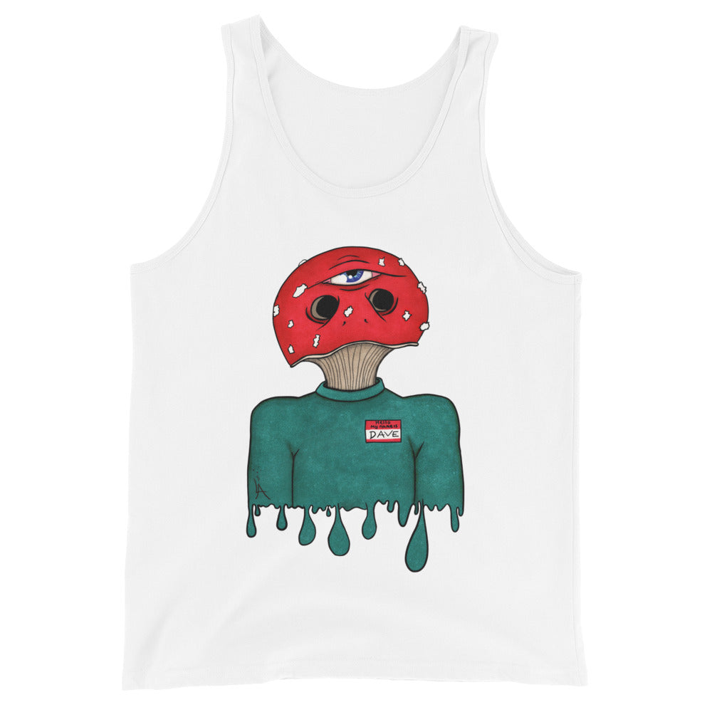 trippy toadstool mushroom man named Dave printed on a white tank top