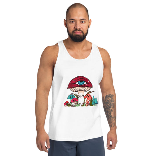 male wears white tank top red and white toadstool mushroom with all seeing eye smaller surrounding blue orange and red mushrooms