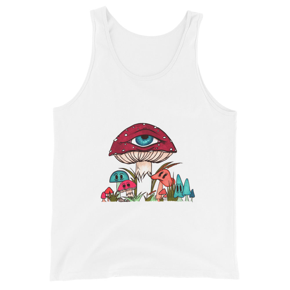 white tank top red and white toadstool mushroom with all seeing eye smaller surrounding blue orange and red mushrooms