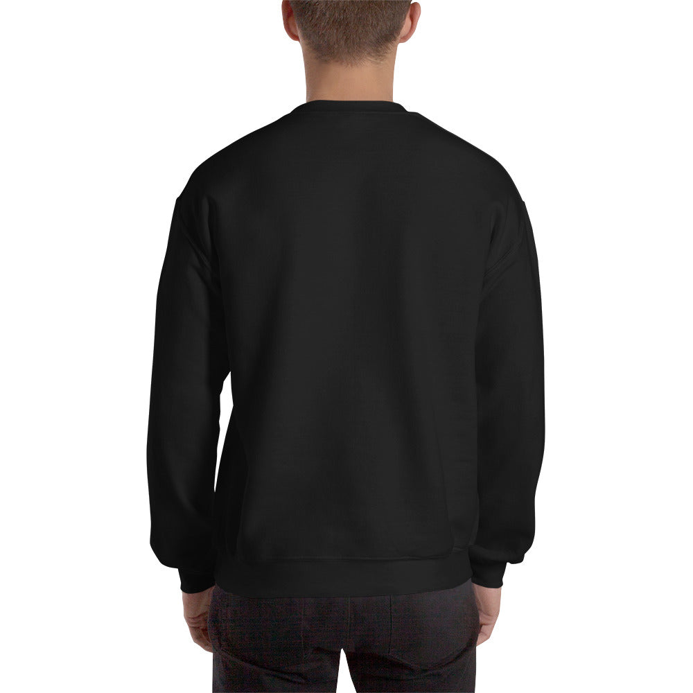 male wears black unisex sweatshirt back view