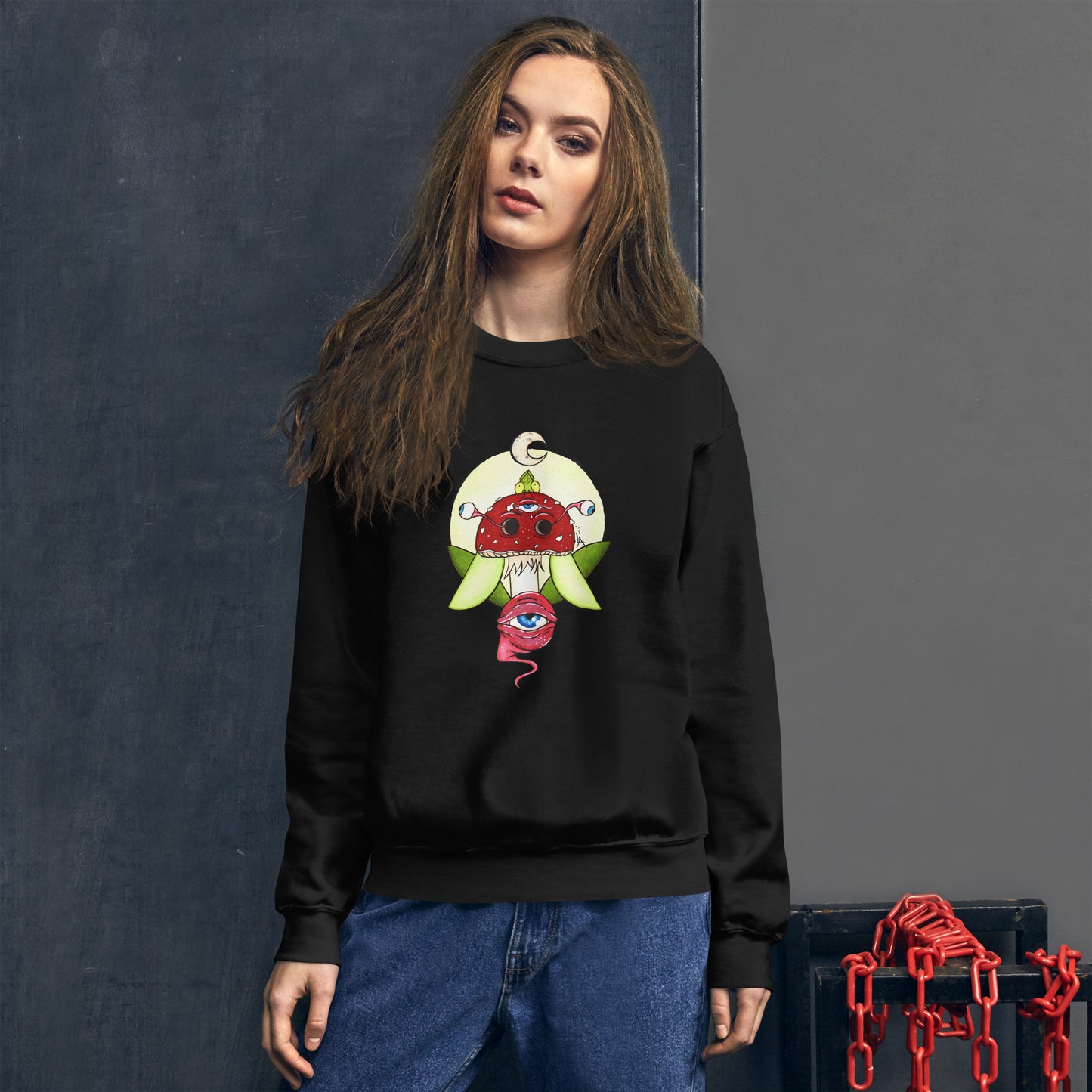 female model black unisex crew neck sweatshirt psychedelic toadstool mushroom with eyes full moon crescent moon flying insect