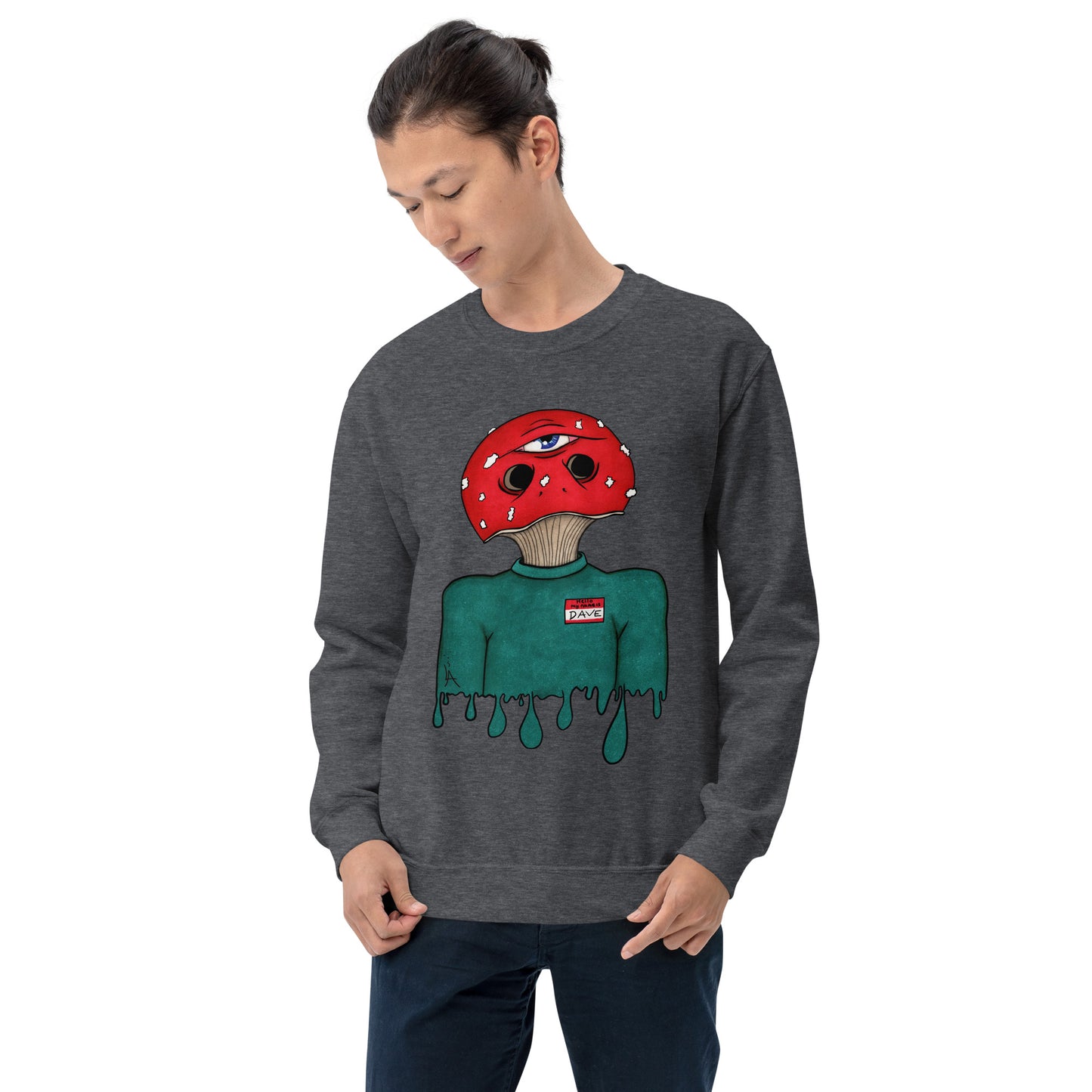 male wears trippy toadstool mushroom man named Dave printed on a dark heather unisex sweatshirt 