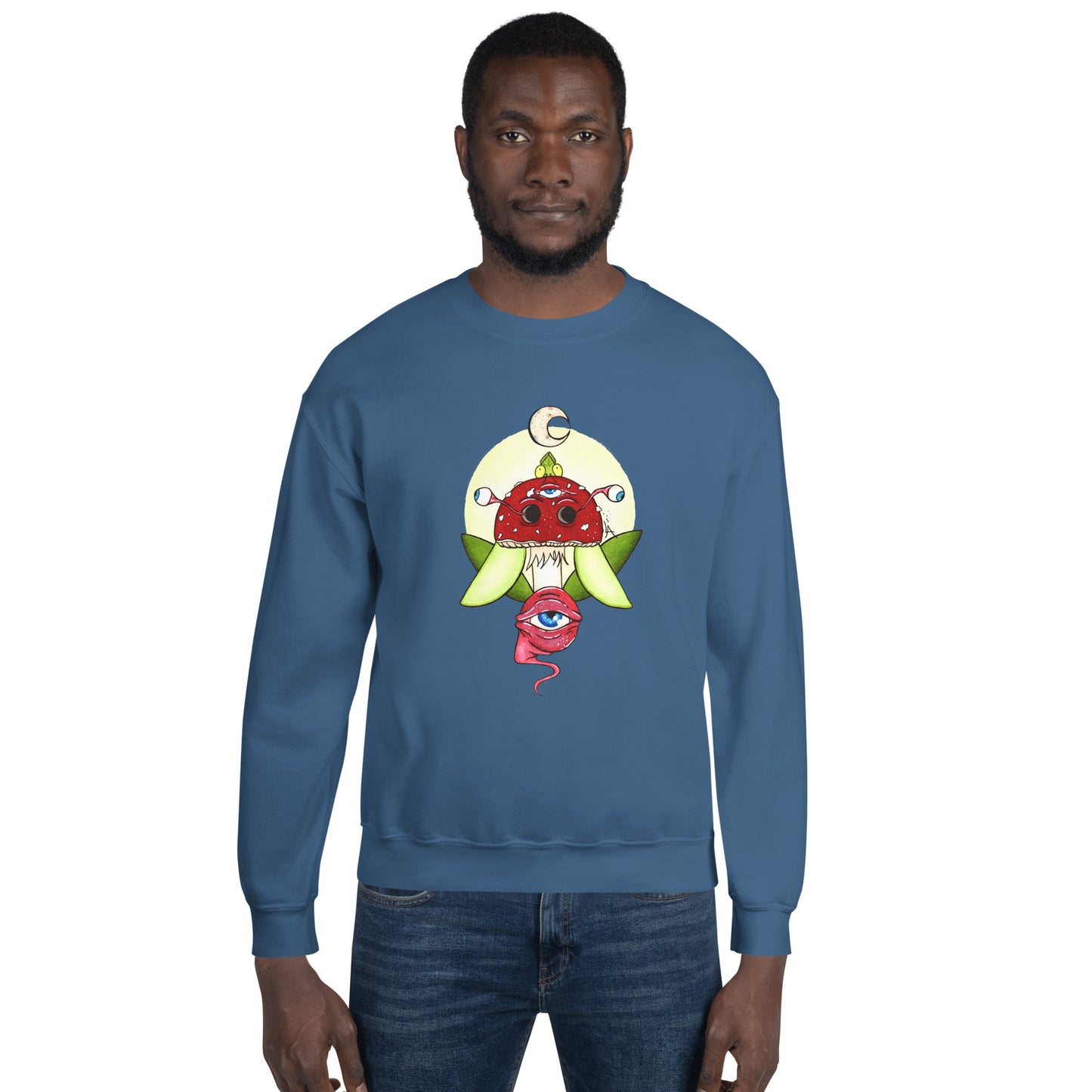 male model indigo blue unisex crew neck sweatshirt psychedelic toadstool mushroom with eyes full moon crescent moon flying insect