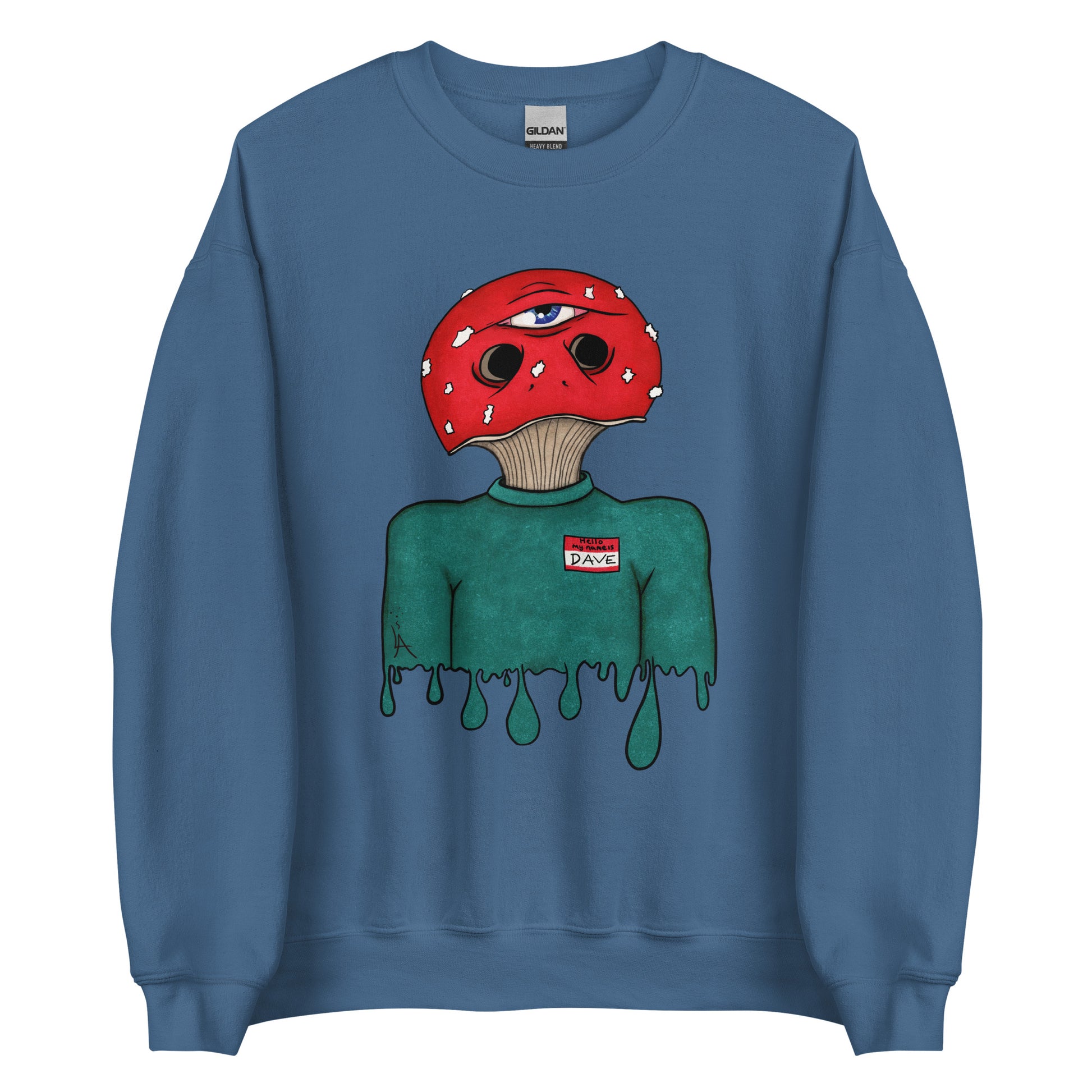 trippy toadstool mushroom man named Dave printed on a indigo blue unisex sweatshirt 