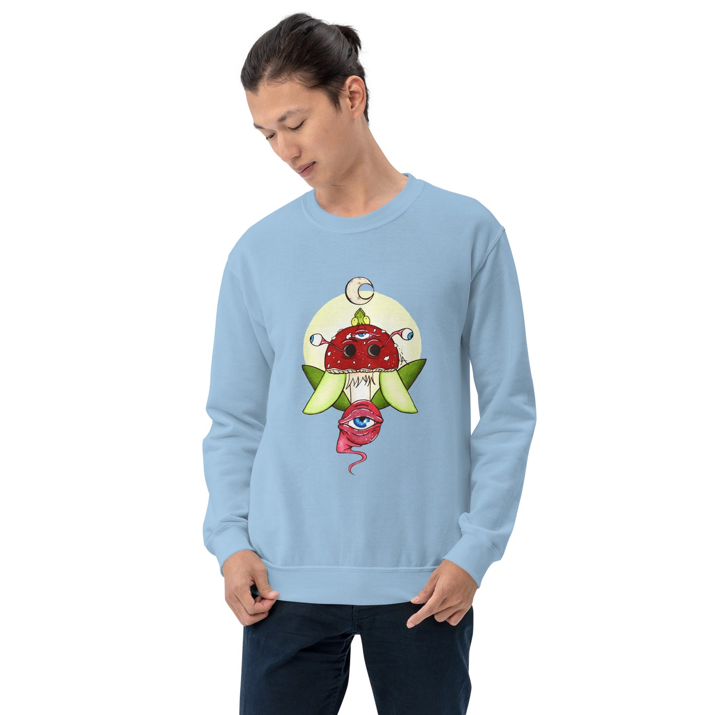 male model light blue unisex crew neck sweatshirt psychedelic toadstool mushroom with eyes full moon crescent moon flying insect