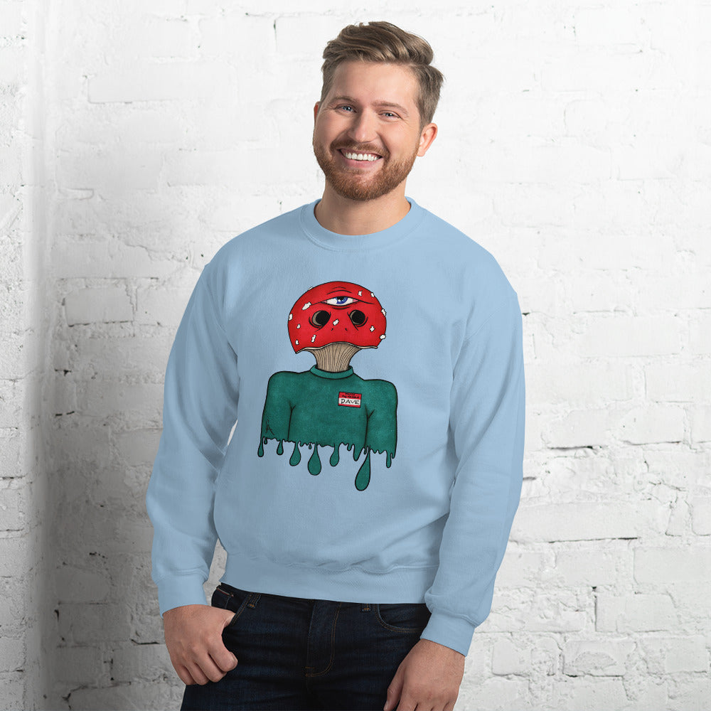 male wears trippy toadstool mushroom man named Dave printed on a light blue unisex sweatshirt 