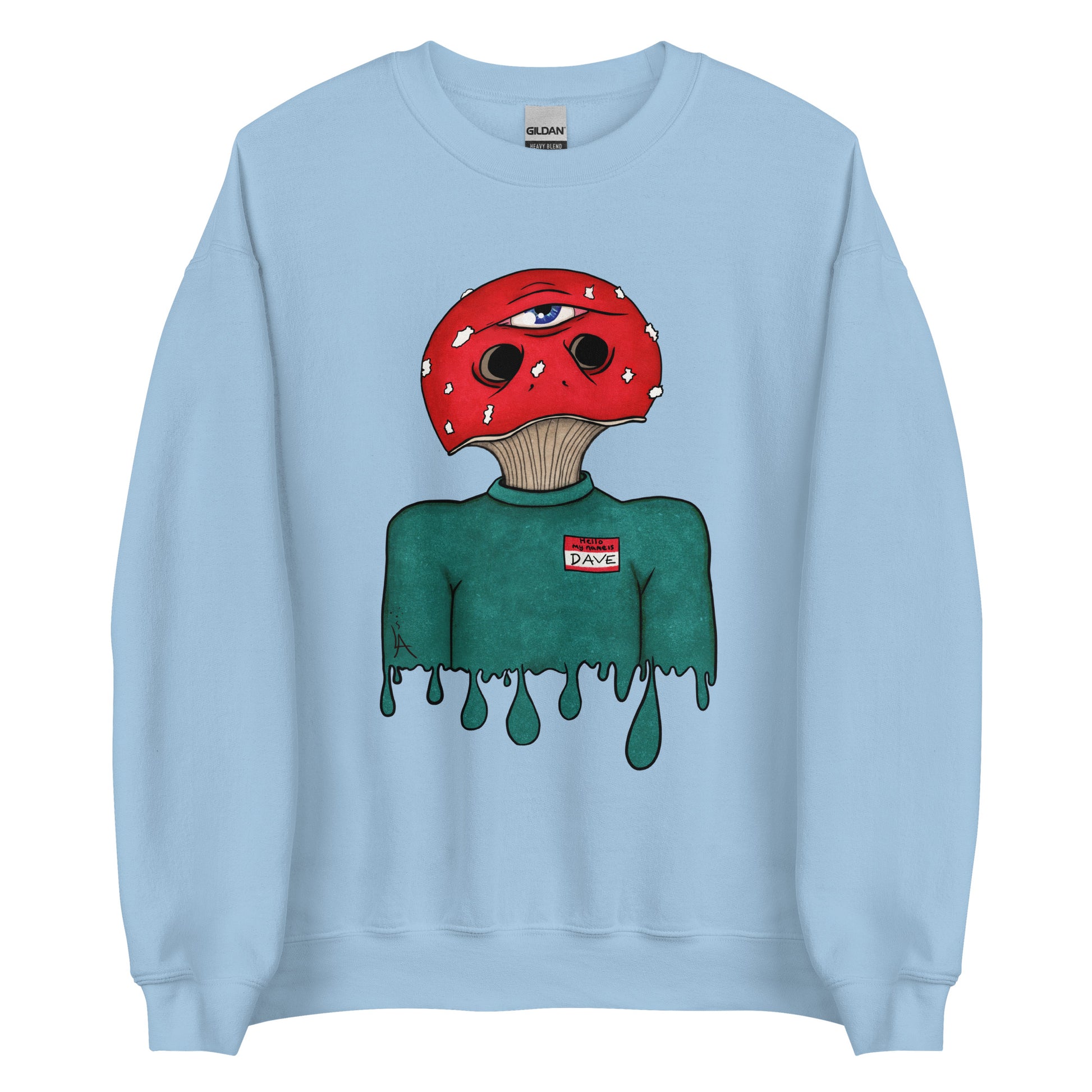 trippy toadstool mushroom man named Dave printed on a light blue unisex sweatshirt 