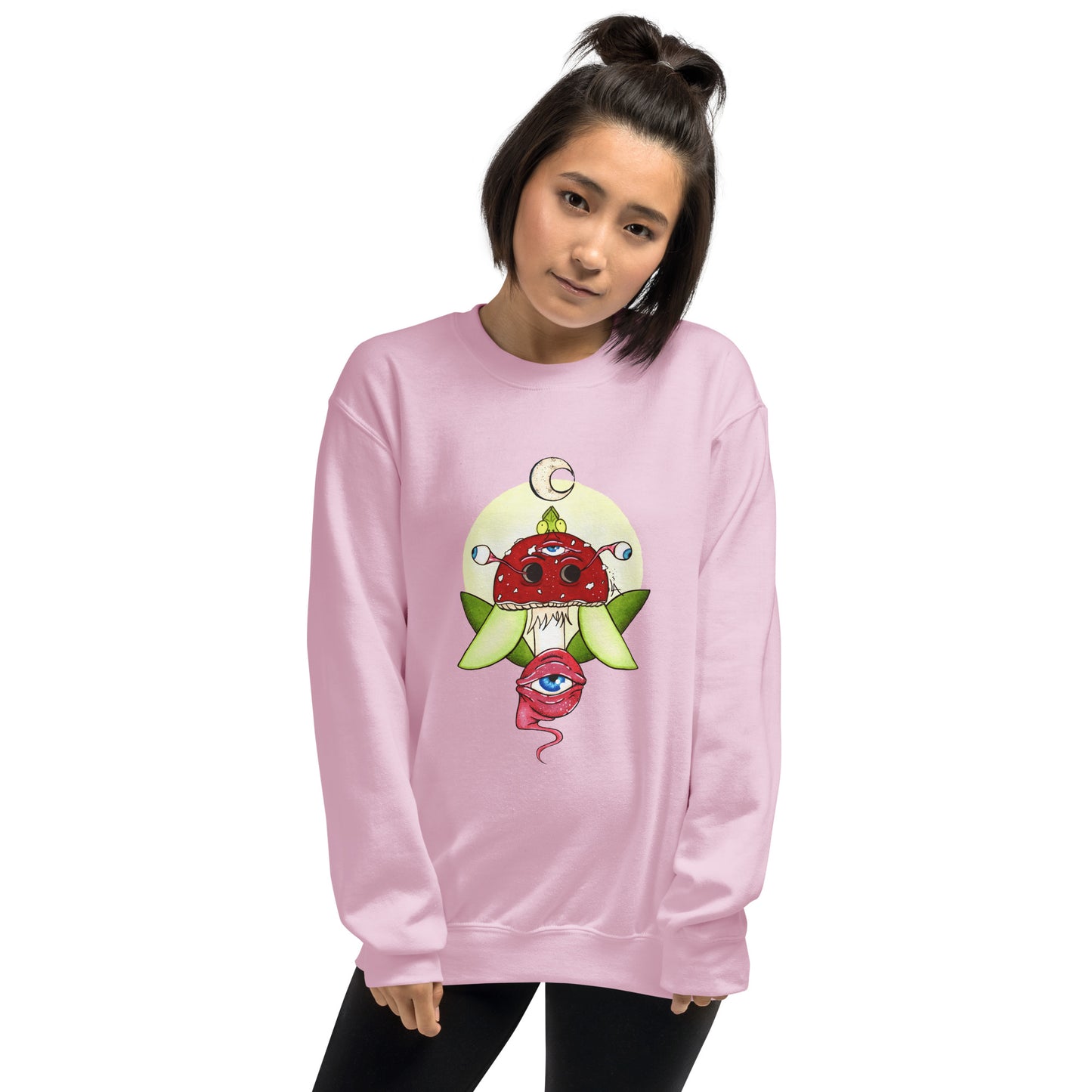 female model light pink unisex crew neck sweatshirt psychedelic toadstool mushroom with eyes full moon crescent moon flying insect