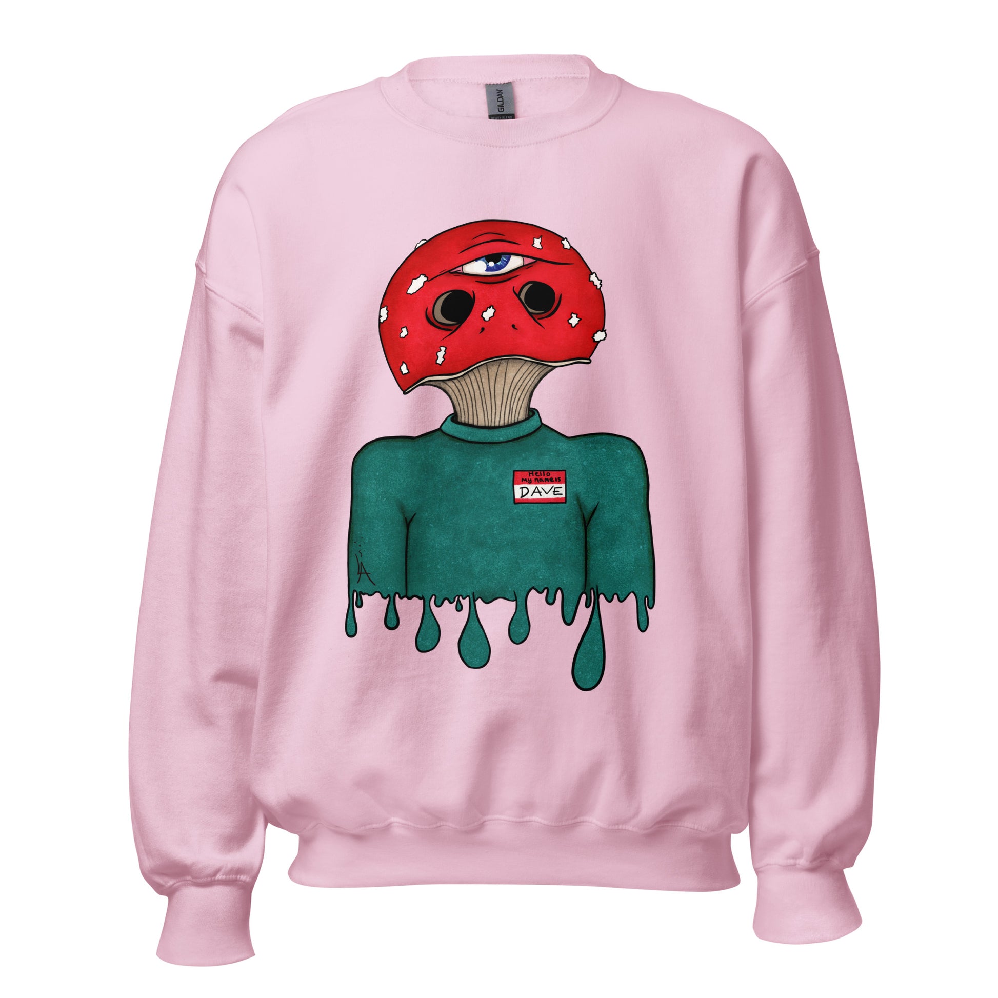 trippy toadstool mushroom man named Dave printed on a light pink unisex sweatshirt 