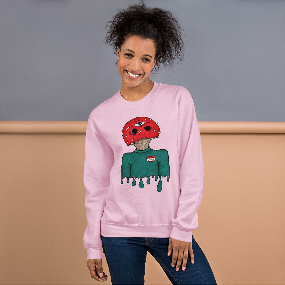 female wears trippy toadstool mushroom man named Dave printed on a light pink unisex sweatshirt 