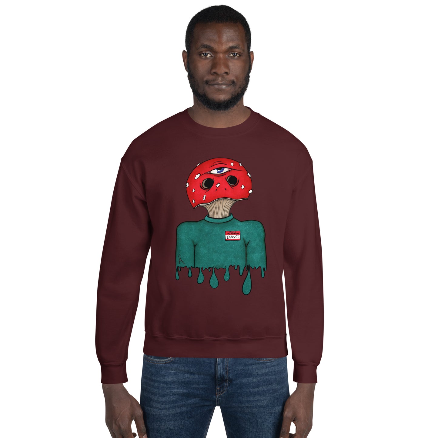 male wears trippy toadstool mushroom man named Dave printed on a maroon unisex sweatshirt 