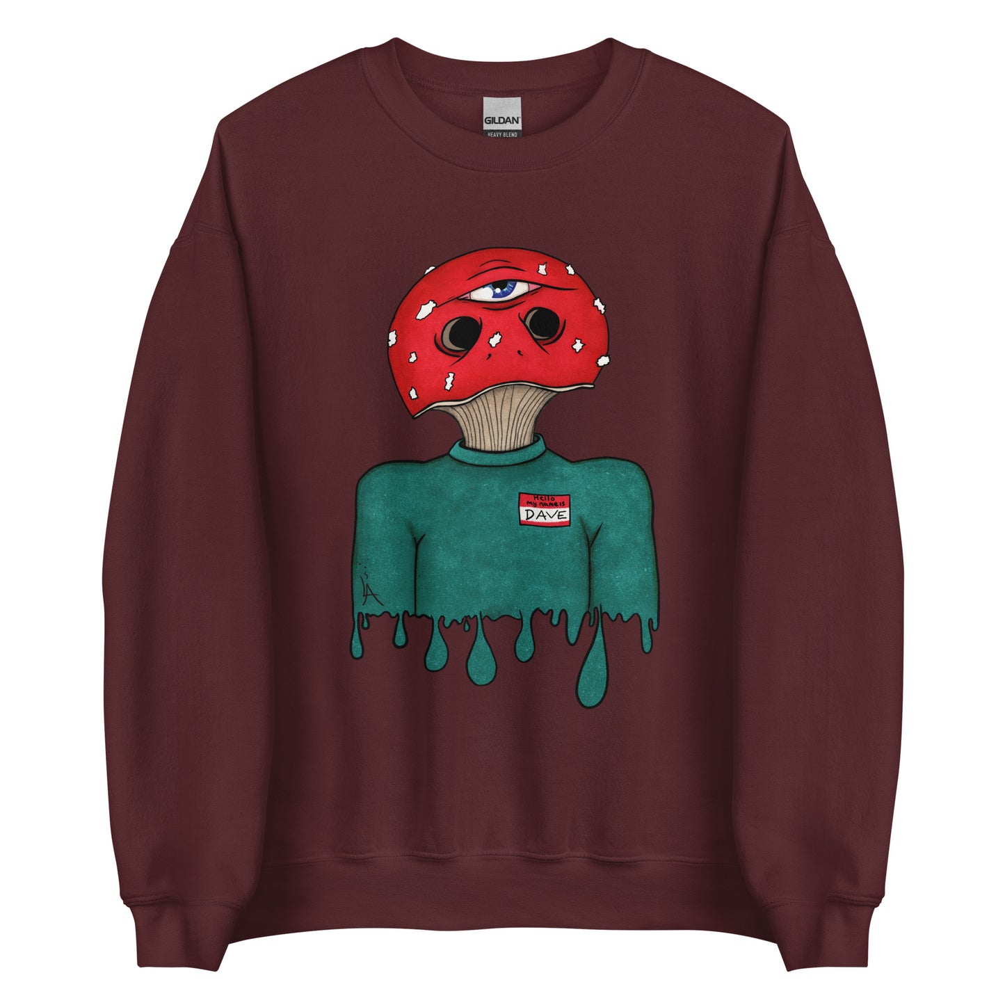 trippy toadstool mushroom man named Dave printed on a maroon unisex sweatshirt 