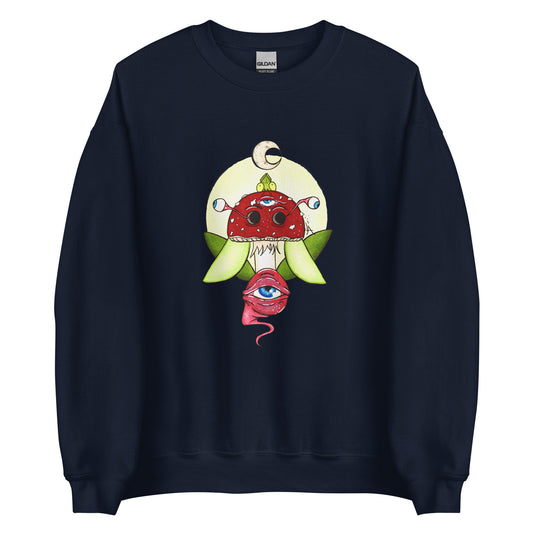 navy unisex crew neck sweatshirt psychedelic toadstool mushroom with eyes full moon crescent moon flying insect