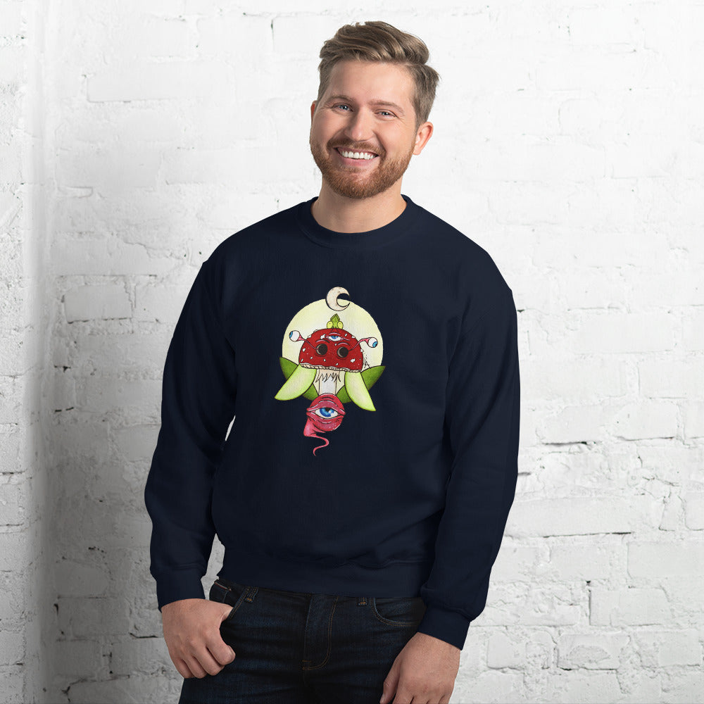 male model navy unisex crew neck sweatshirt psychedelic toadstool mushroom with eyes full moon crescent moon flying insect