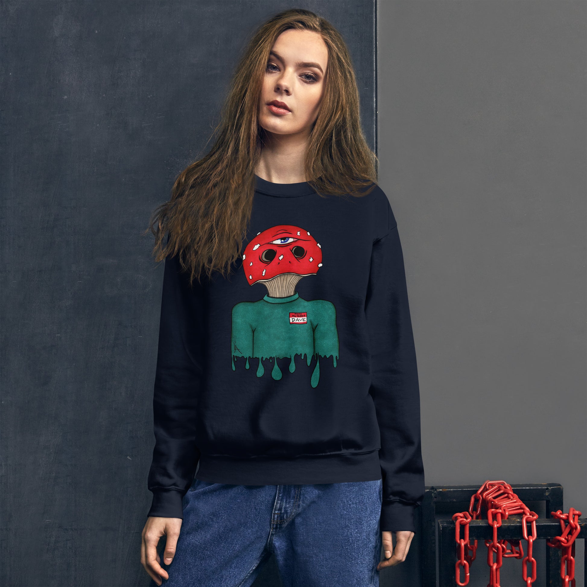 female model wears trippy toadstool mushroom man named Dave printed on a navy blue unisex sweatshirt 