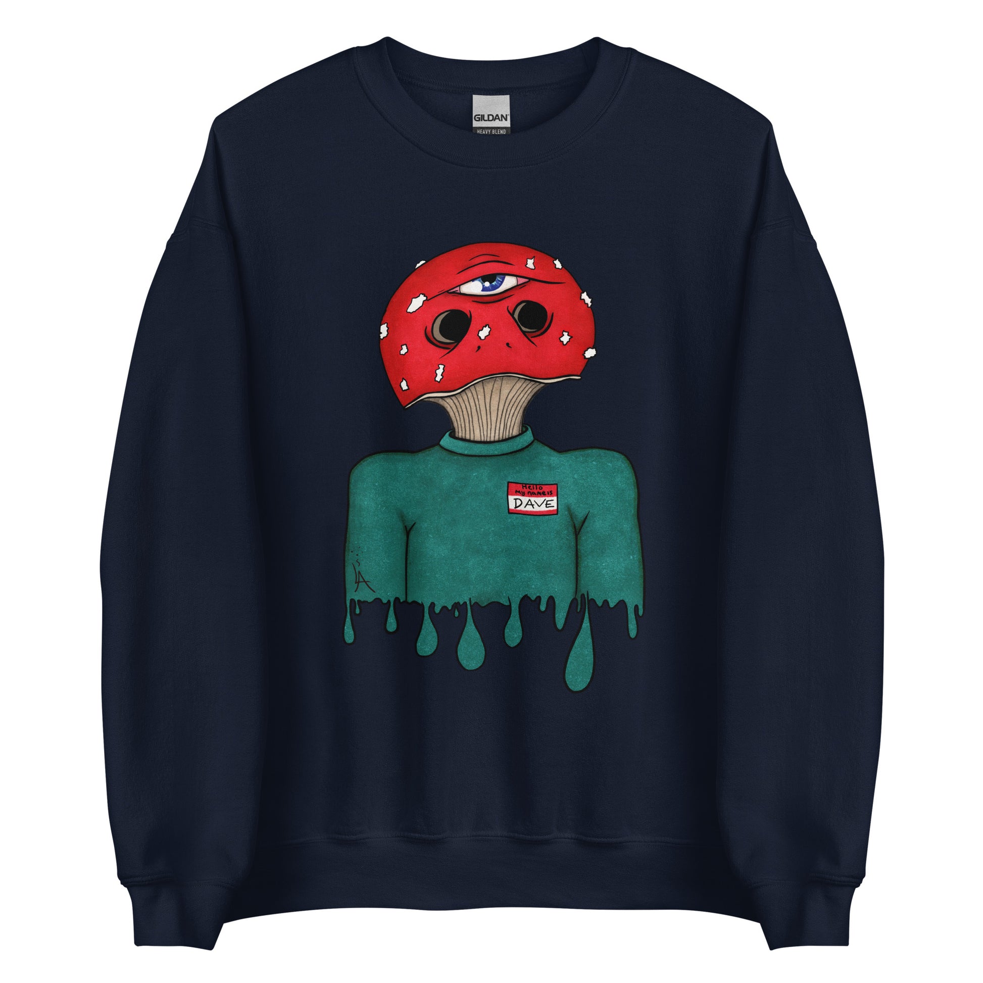 trippy toadstool mushroom man named Dave printed on a navy blue unisex sweatshirt 