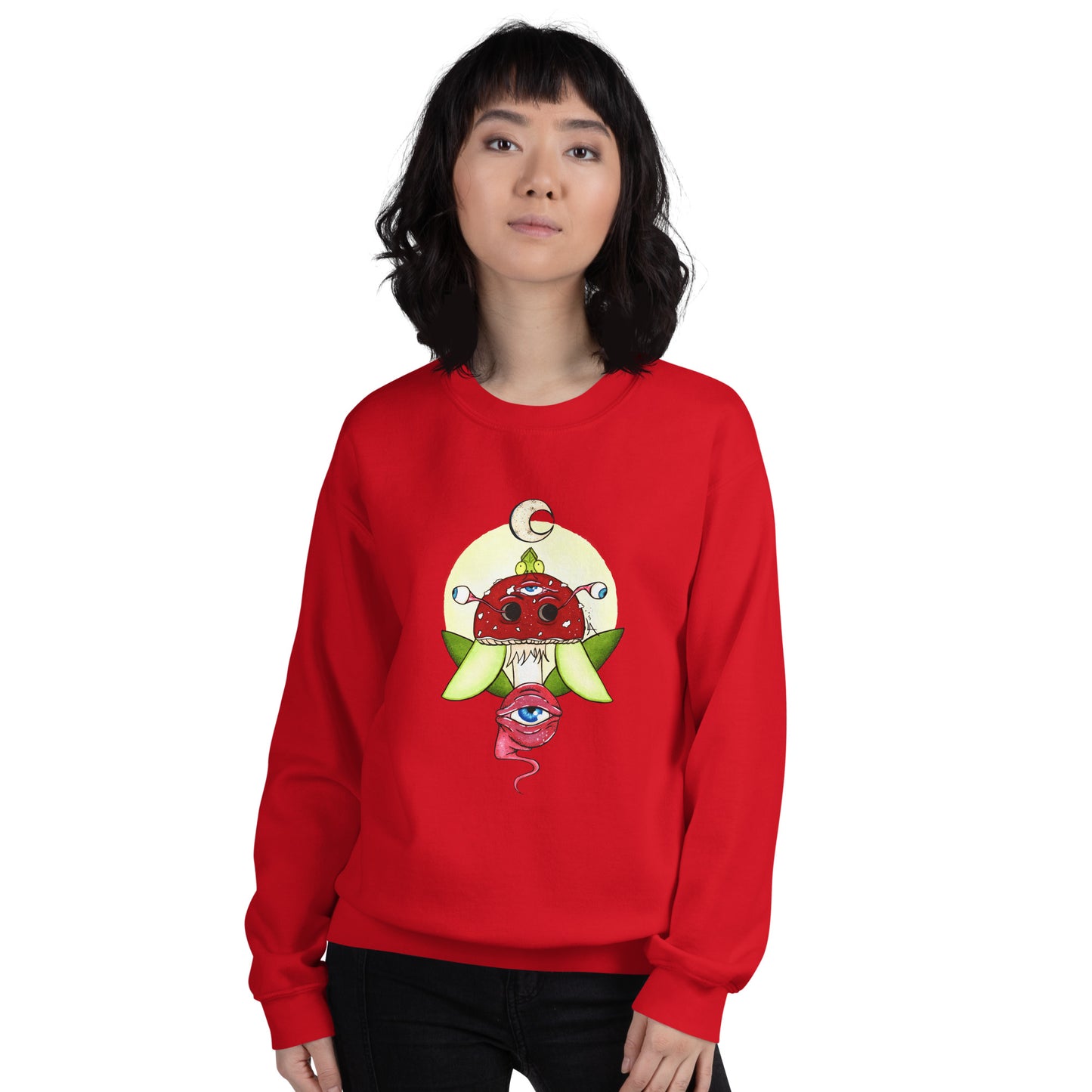 female model red unisex crew neck sweatshirt psychedelic toadstool mushroom with eyes full moon crescent moon flying insect