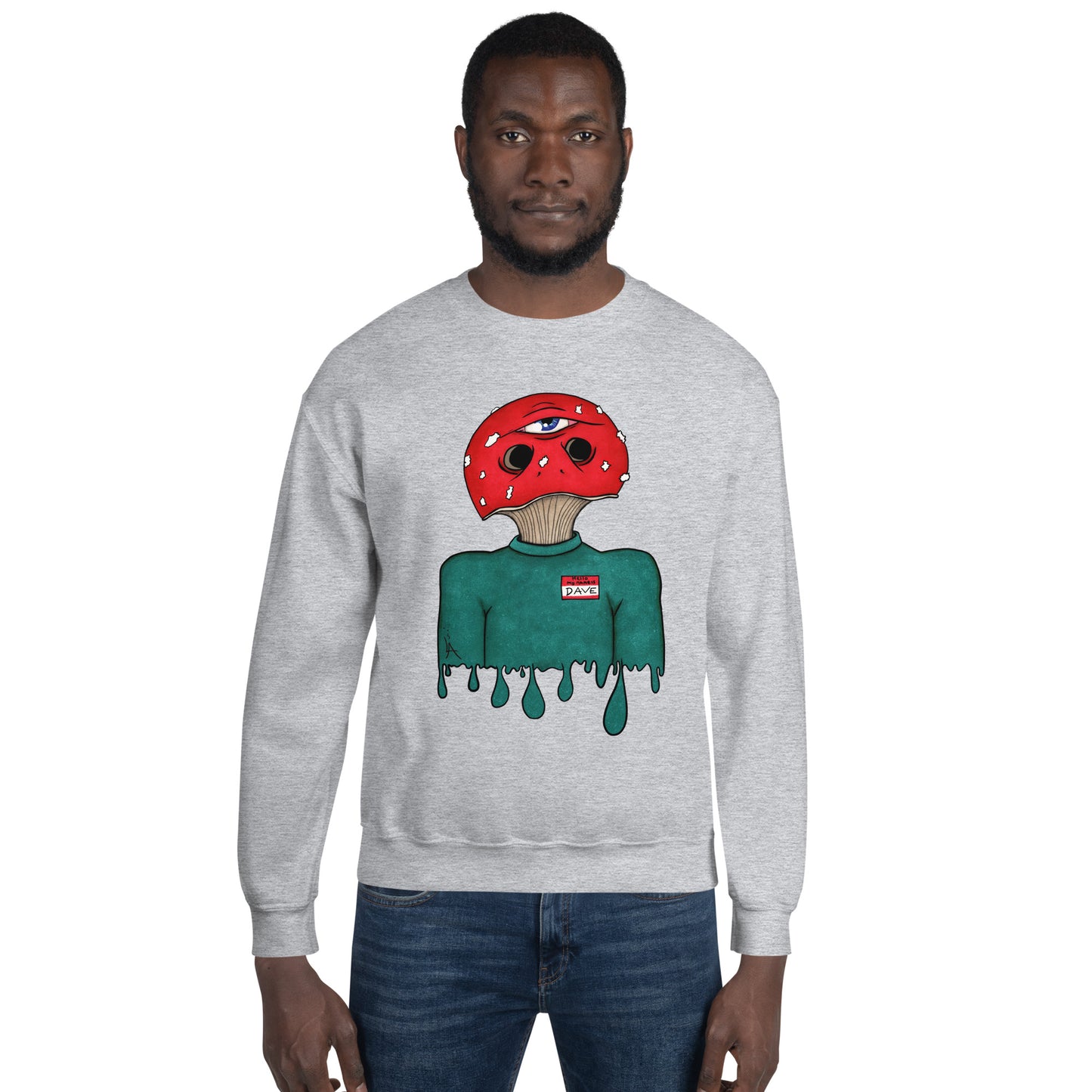 male wears trippy toadstool mushroom man named Dave printed on a sport grey unisex sweatshirt 