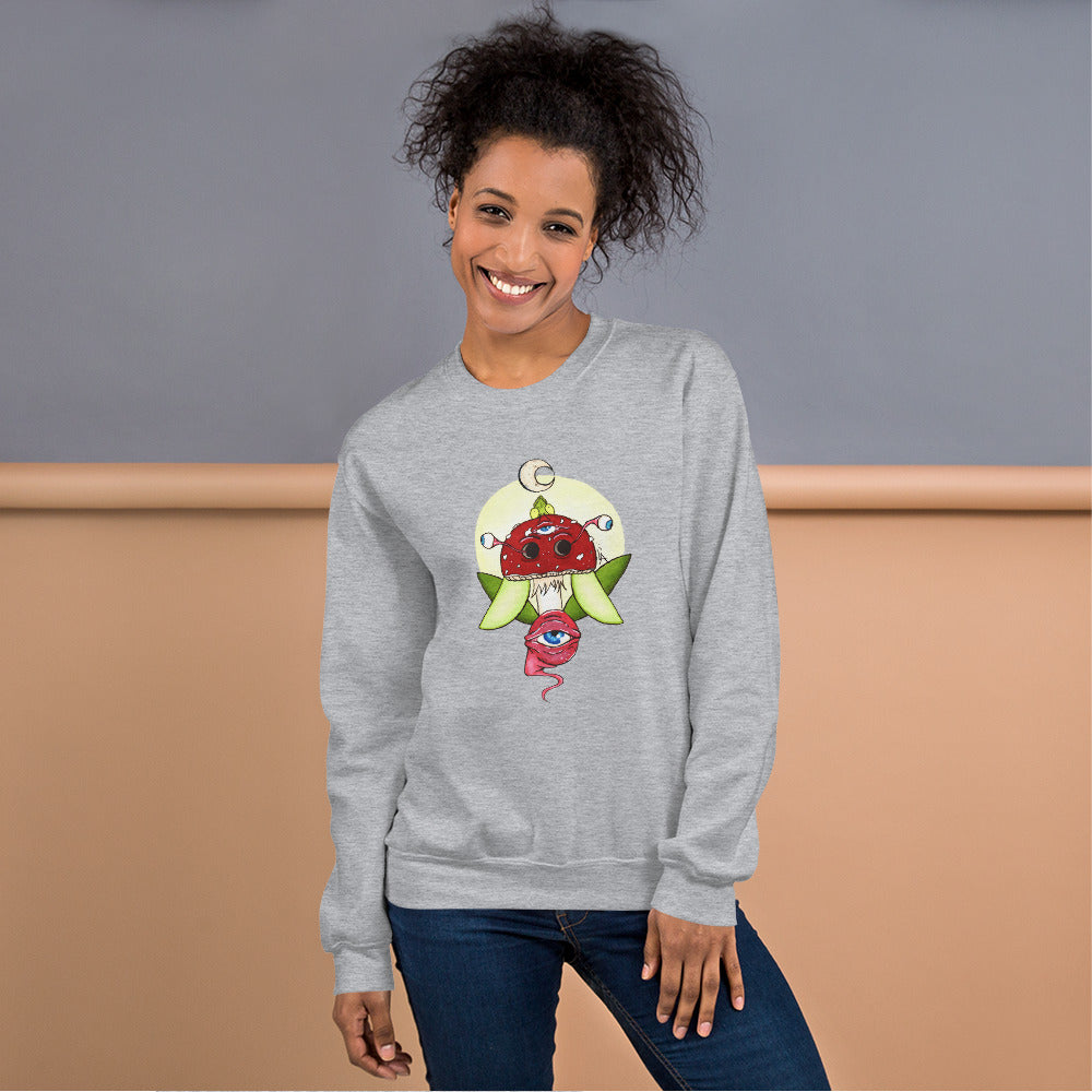 female model light grey unisex crew neck sweatshirt psychedelic toadstool mushroom with eyes full moon crescent moon flying insect