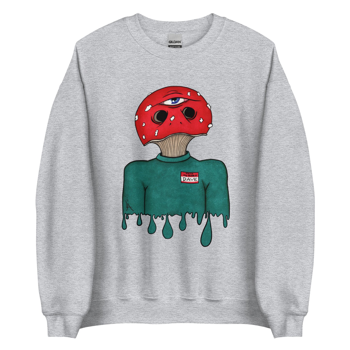 trippy toadstool mushroom man named Dave printed on a sport grey unisex sweatshirt 