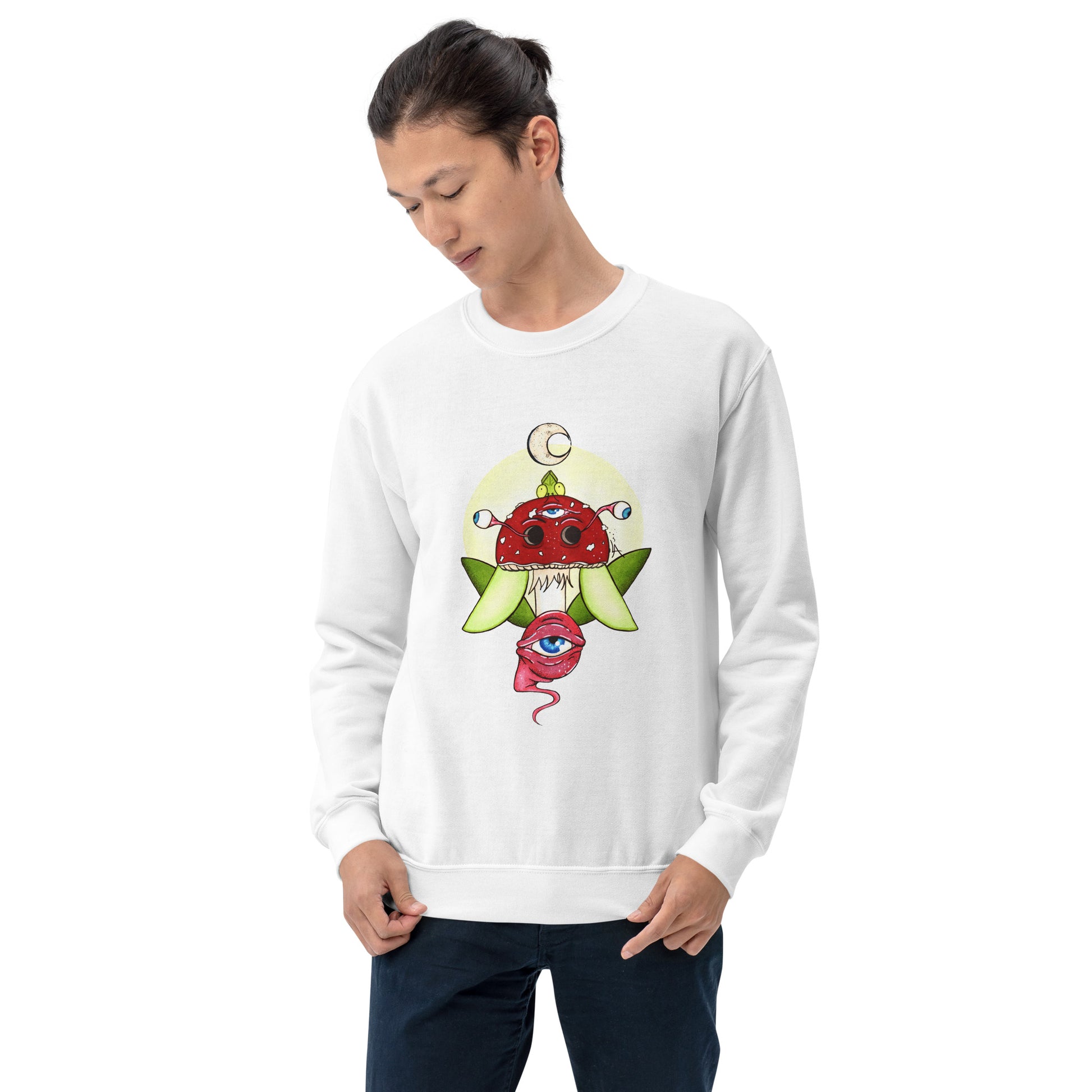 male model white unisex crew neck sweatshirt psychedelic toadstool mushroom with eyes full moon crescent moon flying insect