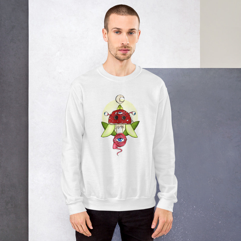 male model white unisex crew neck sweatshirt psychedelic toadstool mushroom with eyes full moon crescent moon flying insect