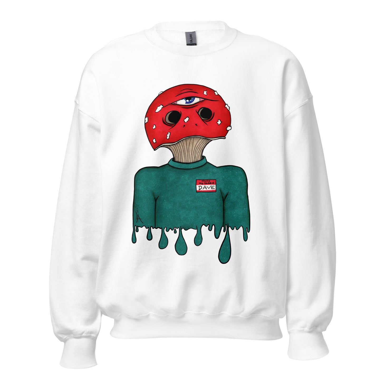 trippy toadstool mushroom man named Dave printed on a white unisex sweatshirt 